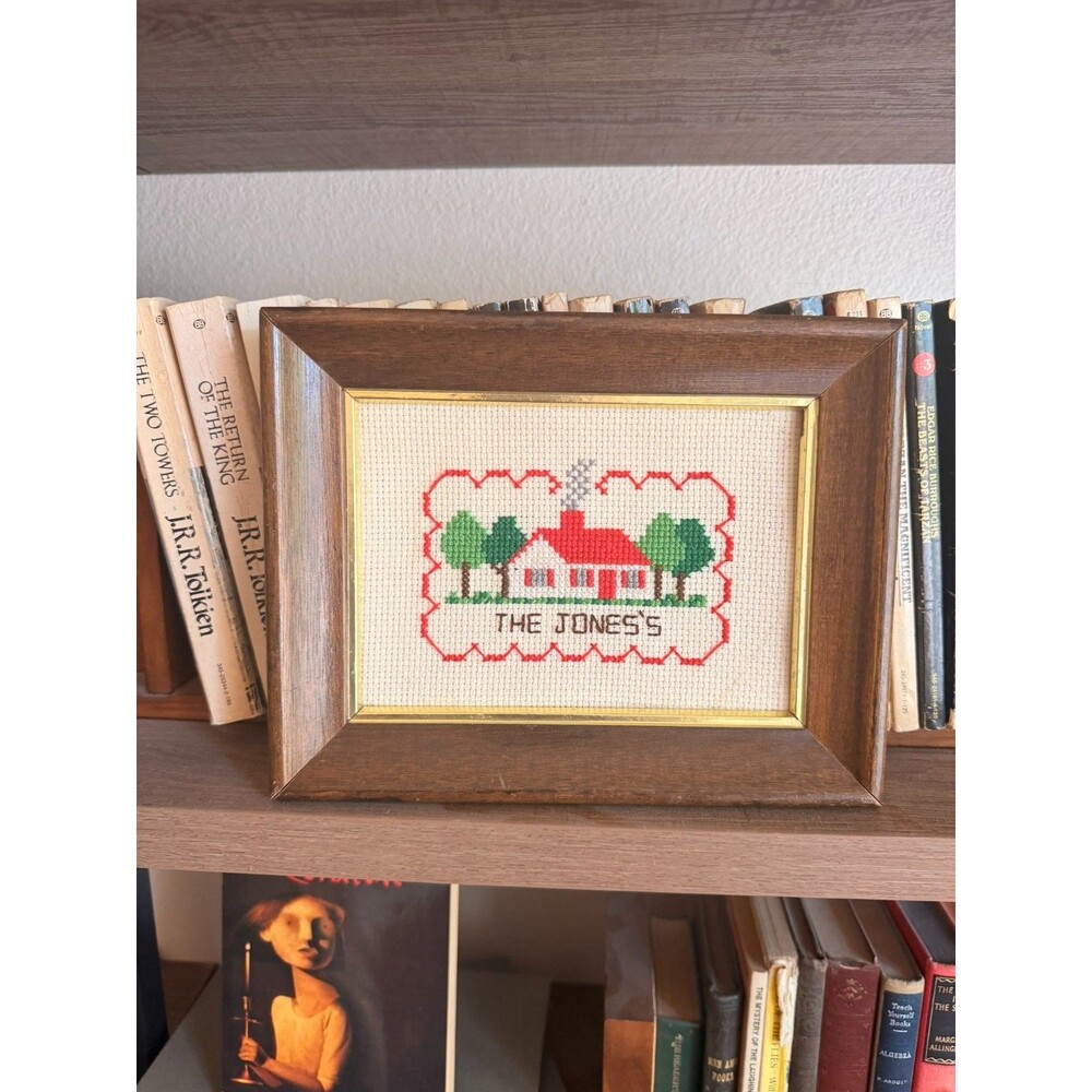 Vintage Framed Needlepoint Cross Stitch Cottagecore Wall Art House The Jones's